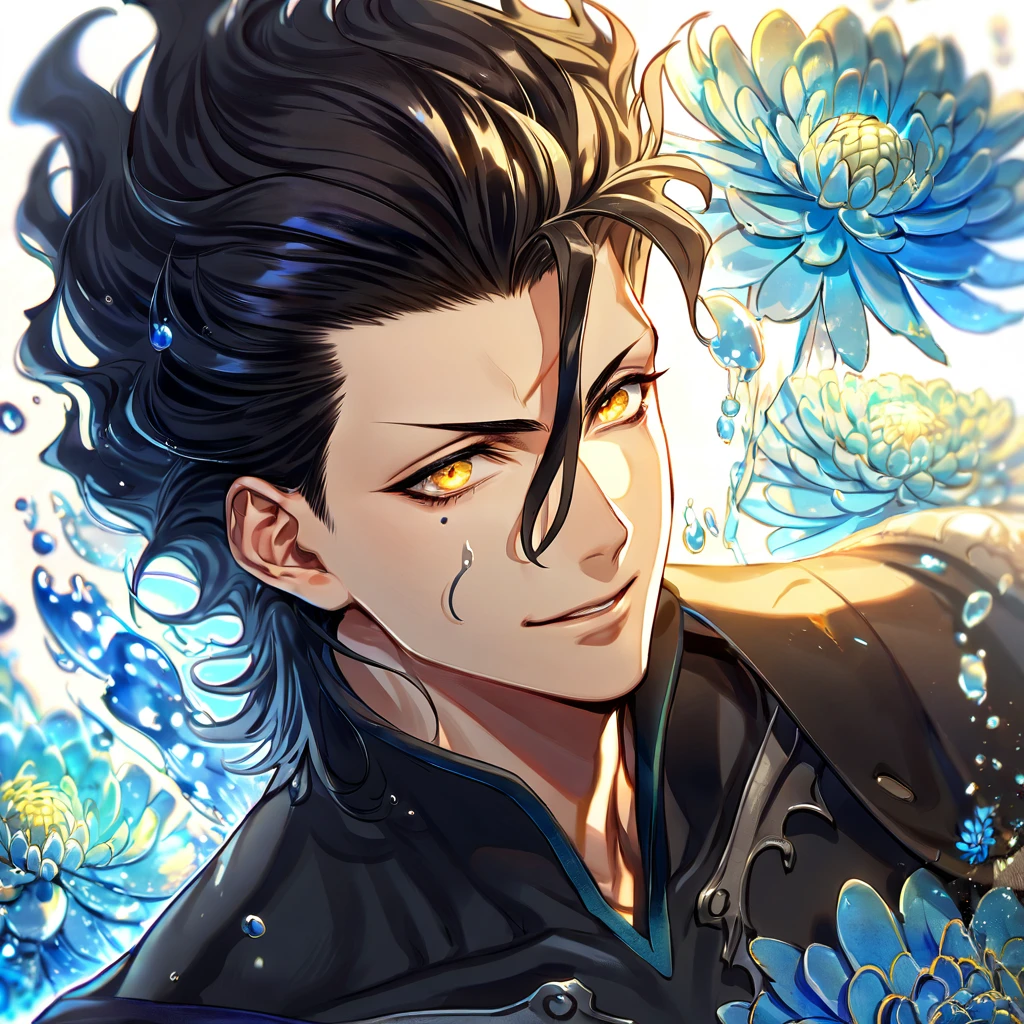 Ultra detailed, HDR, Highres, absurdres, master piece, Diarmuid Ua Duibhne, black hair, expressive yellow eyes, mole under his eye, Fate Grand Order, handsome, sexy man, solo, black tight shirt, water, fantasy, magical, blue Chrysanthemum flowers, blue petals, best quality, blue shining fireflies, blue moon, handsome smile