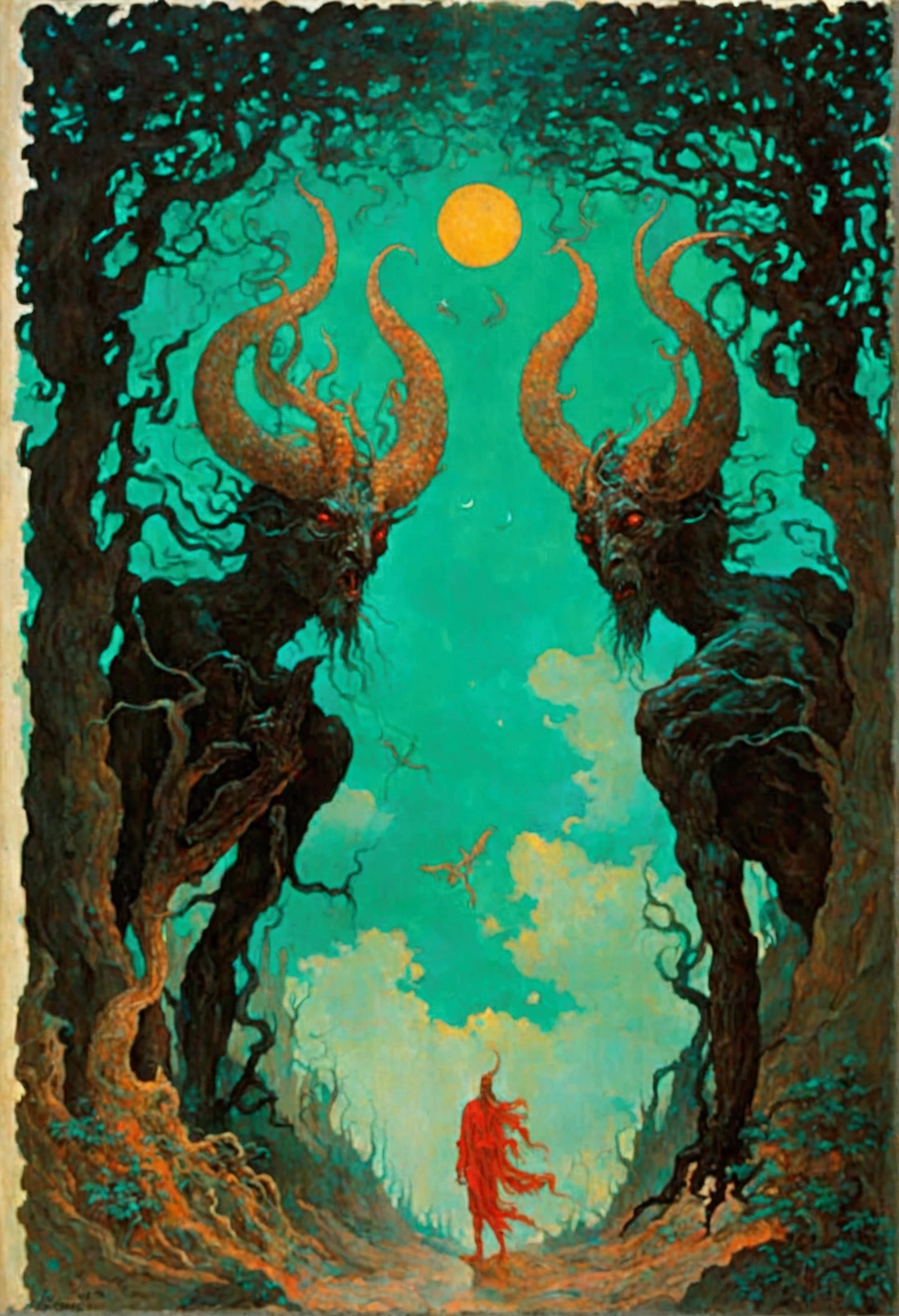 Mythical creatures, author:Zdzislaw Beksiński and Alphonse Mucha,Satan, Azathoth, Dark Forest、nightmare