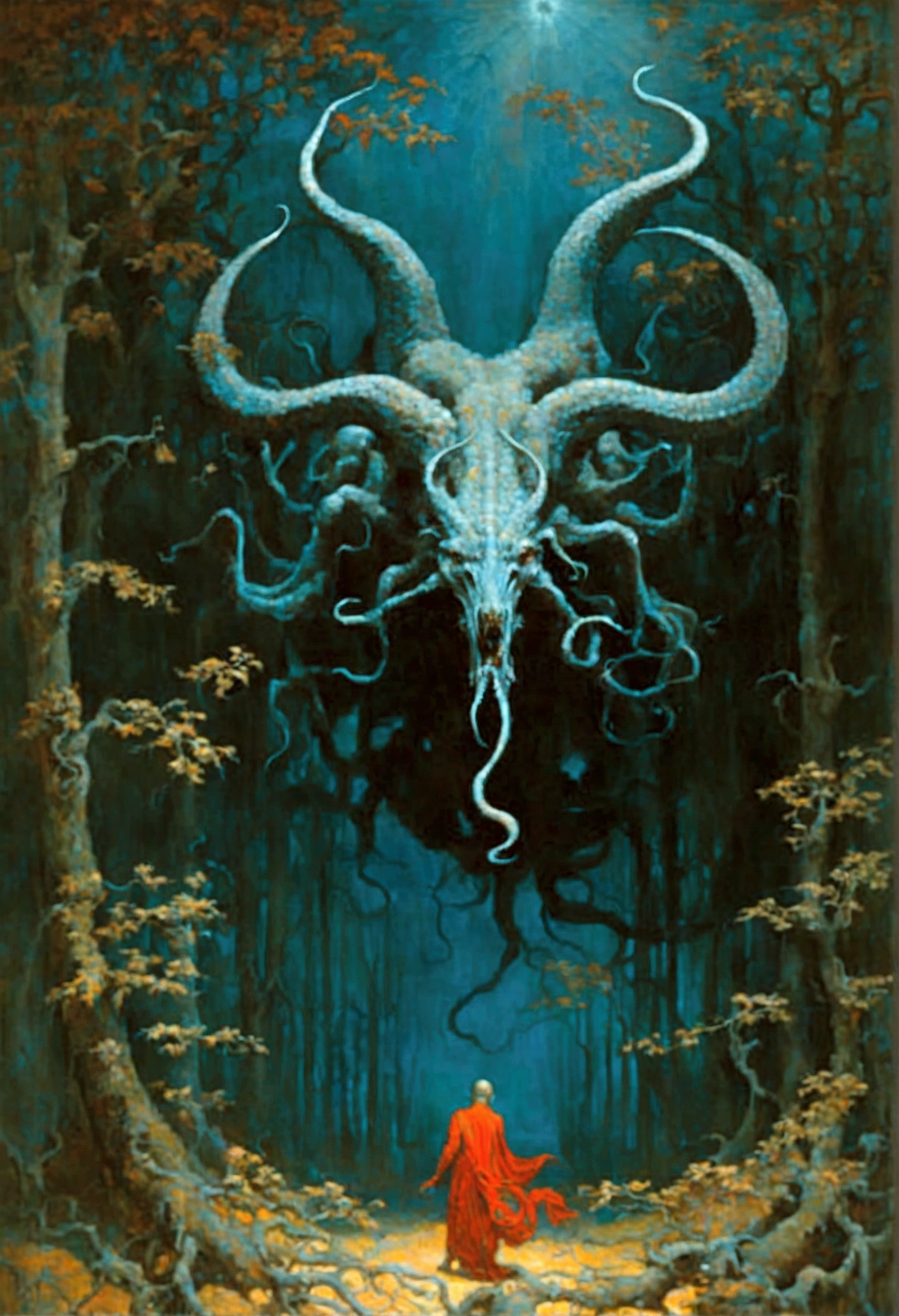 Mythical creatures, author：Zdzislaw Beksiński and Alphonse Mucha,Satan, Azathoth, Dark Forest、nightmare