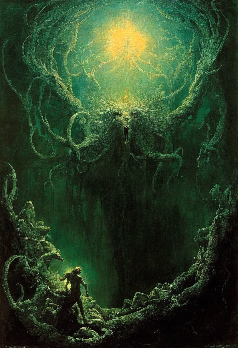 Mythical creatures, author：Zdzislaw Beksiński and Alphonse Mucha,Satan, Azathoth, Dark Forest、nightmare