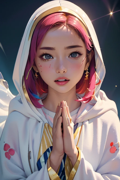(masterpiece、Highest quality、Highest quality、Official Art、Beautiful and aesthetic:1.2)、(One Girl)、Very detailed、(Fractal Art:1.3)、colorful、Highest detail、Perfect Face、Upper body、High resolution、(prayer:1.3)、(White cloak Golden Line:1.2)、Intergalactic、(Streaks of Light)、Impressive visuals、(Dynamic stripes、Bright orbit:1.2)、Bright colors、Pink Hair frontage