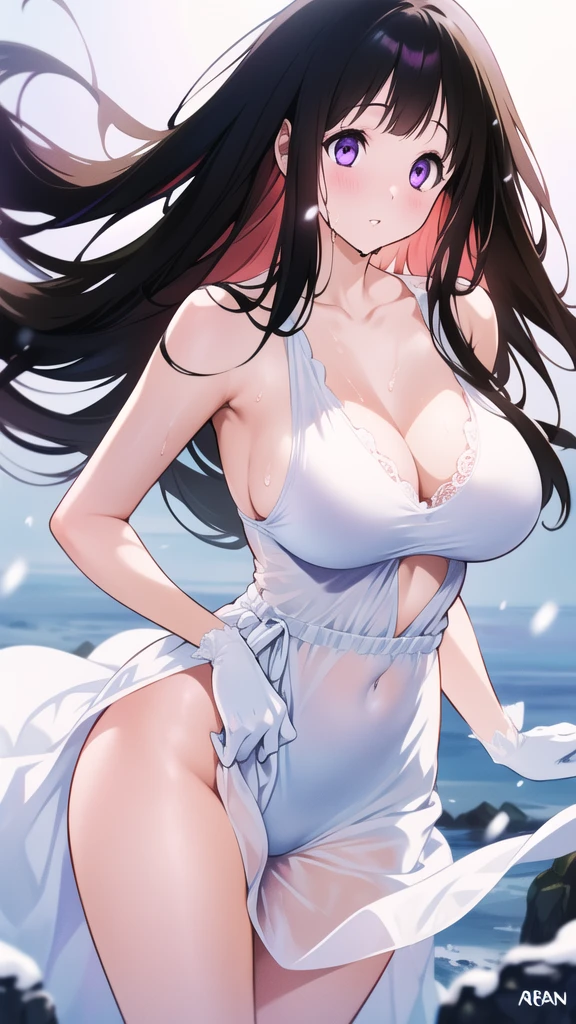 Amazing Chitanda, There is only one beautiful girl,Purple Eyes, Black Hair, Very red face,Very white skin,Glowing skin,Skin as delicate as porcelain,Naturally straight hair, Straight bangs,Extremely refined,Open lips,Long flowing hair,Beautiful Girl, Like a dream,Slim,Slim waist,Soft, (Sensual), (Kawaii), Dream quality,Beautiful big breasts,White transparent loose dress,Areola,Completely naked,Lower edge of breast,White gloves,Flower decoration,Deep V neckline,Loose neckline,Wide neckline,In school,The wind blows the hair,Place your hands on your inner thighs,Thighs clamp hands,Wet skin,Sweaty and sweaty,Sweating all over,On the snow,Back to,Handstand,Hips,Side body,Gluteal groove,Completely naked的臀部,Bare back,Completely naked的背部,Light transmission,(no pants),nopan,pussy juice,Bare shoulders,There are no shoulder straps,Bare neck,Exposed collarbone,Exposing breasts,Exposing breasts侧面,Exposing breasts下面,Show your waist,Show your buttocks,Show your thighs,Exposing the groin,(No pants),extremely shy,Ultra-high resolution, (masterpiece:1.2, best quality), (Delicate and beautiful eyes: 1.2), (Beautiful and delicate face)