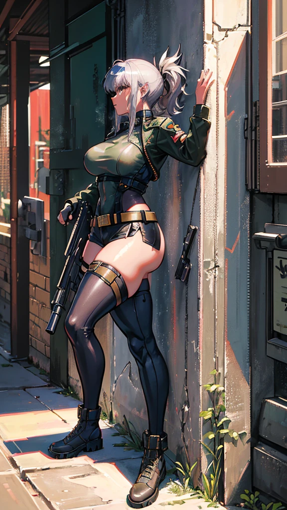 woman, mercenary expression, smoking, captain's beret, cyberpunk rifle load, western guns, camouflage pants, silver hair, long ponytail, broken muscle, dark skin, curly hair, pronounced waist, thick thighs, Amazon jungle background , high definition, RTX lighting, full body focus, profile shot, resting on a wall.