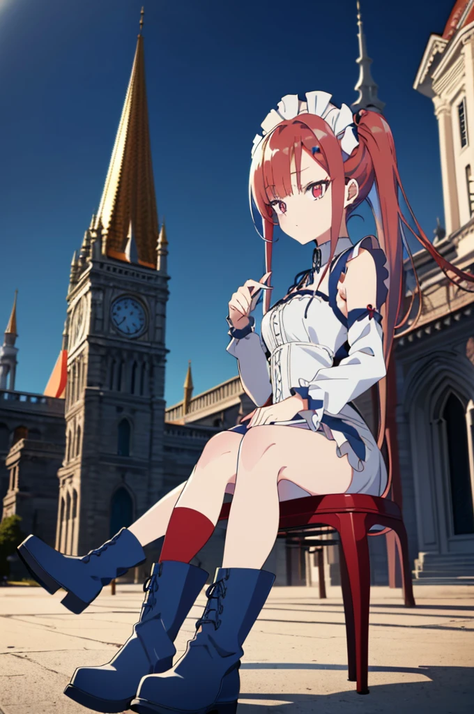 [(cathedral background:1.4)::5],original,(illustration:1.1),(best quality),(masterpiece:1.1),(extremely detailed CG unity 8k wallpaper:1.1), (colorful:0.9),(mid shot:0.95),(full body:1.5),Dynamic angle,(solo:1.2), (girl),((adult)), (detailed beautiful eyes:1.15), (beautiful face:1.15), (glowing red eyes:1.25////),((medium hair)),((split-color hair,red hair,blue hair)),(high twintails),(chignon),(+perfect hand+:1.21),(Draw an illustration of a gothic girl),(Religious),(slender),(is wearing boots on her feet),((is wearing white maid clothes)),(furious), Lace Off-shoulder lolita fashion,beautiful slender woman,high twintails,((split-color hair,red hair,blue hair)),((split-color hair,red hair,blue hair)),from side,((split-color hair,red hair,blue hair)),