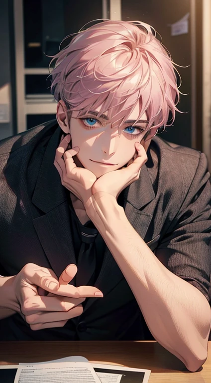 (Highest quality,4K,8K,High resolution,masterpiece:1.2),Super detailed,(Realistic,photoRealistic,photo-Realistic:1.37),1 person,31 years old,Mature Men,Beautiful skin、very handsome,Expressionless,smile,Short gray pink hair,blue eyes,Sharp Eyes,A perfect face without a doubt,Businessma desk, desk mansion,Cinema Lighting,HDR image,tie、