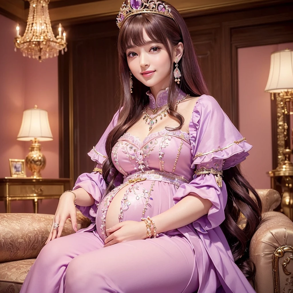 (((Highest quality, Flying debris, Ultra-high resolution、The most complex and detailed depiction、Awards, 8K、Bright and vivid)))、((1. Japanese Princess,pregnancy,Ultimate luxury with everything you can imagine,The most gorgeous purple and pink outfit,Purple and deep pink outfit,超巨大なThroneに座る,The most exquisite and luxurious luxury princess room,Shining in Complexity,Purple and deep pink glow、Beautiful brown hair、Front fixed,The best smile looking at the camera,Please laugh out loud,Smile kindly at me,Shot from close to the face)),((最もゴージャスなThrone、High-end Purple and deep pink outfits、A large amount of jewelry decoration,The world&#39;s largest giant tiara,Jewelry made with attention to detail,Detailed decoration,Glitter costumes,Shining Jewels、Huge decoration,Giant Costume,Big sleeves,Artistic decoration,Very detailed decoration,Very intricate decoration)),(Big and ample breasts,Familiar,Royal, Majestic, Queen, Queen quality,Tabletop, Intricate details,Realistic,, Front close-up, Throne, upright posture, Familiar顔,Perfect Teeth,White teeth,finely描かれた顔,Beautiful Face,Perfect Fingers,Just five fingers,High-quality RAW color photos, Professional photos, Very delicate and beautiful, Very detailed,finely)), (Huge and luxurious seats:1.2),fluffy,One person