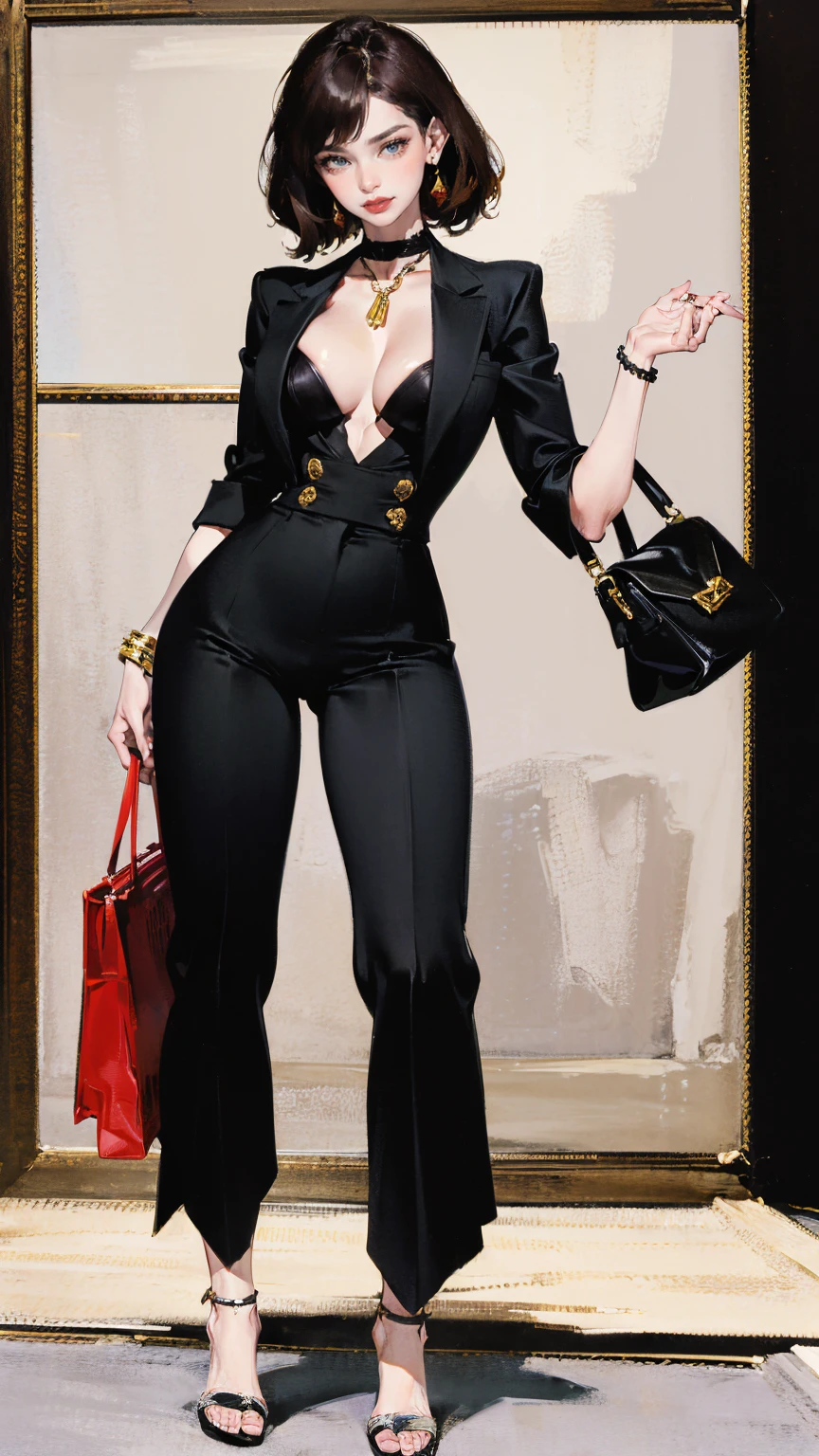 (ultra-detailed, photorealistic, best quality,4k,8k,highres,masterpiece:1.3), Cuban woman, age 28, real estate agent, very attractive, allure physique, She uses flirtatious behavior and seduction as tools to close deals, Always dressed provocatively, her outfits enhance her high sex appeal and contribute to her successful career, Her outfit includes a Top: A low-cut, fitted blazer from Balmain that's bold and provocative, yet maintains a professional edge, Bottom: A pair of tailored, high-waisted trousers from Stella McCartney that highlight her figure while keeping the look business-appropriate, Shoes: A pair of strappy, high-heeled sandals from Jimmy Choo adding a touch of glamor and height, Accessories: A statement choker necklace from Alexander McQueen and a Bulgari Serpenti bracelet that add a touch of luxury and daring femininity, Bag: A bold, red leather tote from Saint Laurent for carrying documents and essentials, adding a pop of color to her outfit, (((intricate detail, super finely detailed hands, ultra finely detailed fingers, ten fingers, striding confidently, full body showcase, show full body))).
