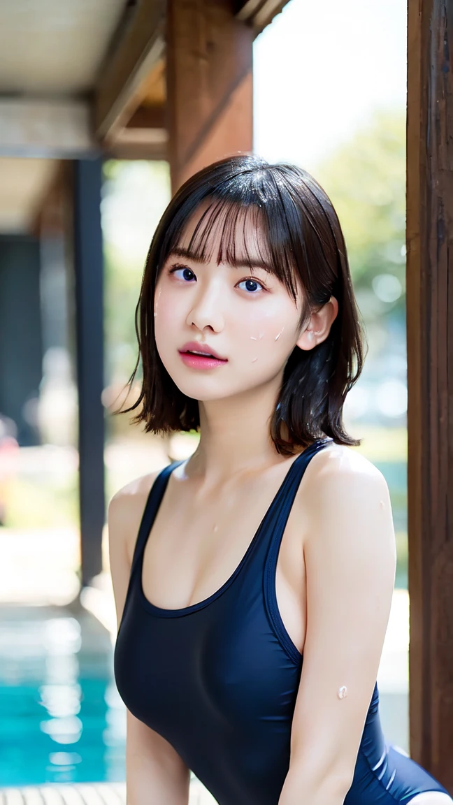 (RAW Photos:1.2), (Photorealistic), Beautiful detailed girl, Very detailed eyes and face, Beautiful and beautiful eyes, Large file size, High resolution, Very detailed, Highest quality, [masterpiece:1.6], Awareness-raising, Very detailed, finely, Highest quality, 8k wallpaper, Cinema Lighting, 1 Girl, chubby body, huge breasts, (Huge, Heavy chest), Cute droopy eyes, Beautiful big eyes, Sweaty and wet, 【sexual excitement:1.6】, (My whole body is wet:1.2), short hair, high school girl, (Japanese School Swimsuit, Navy blue one-piece swimsuit, Navy blue Japanese student swimsuit:1.3), Dynamic pose, Huge Rim Figure
