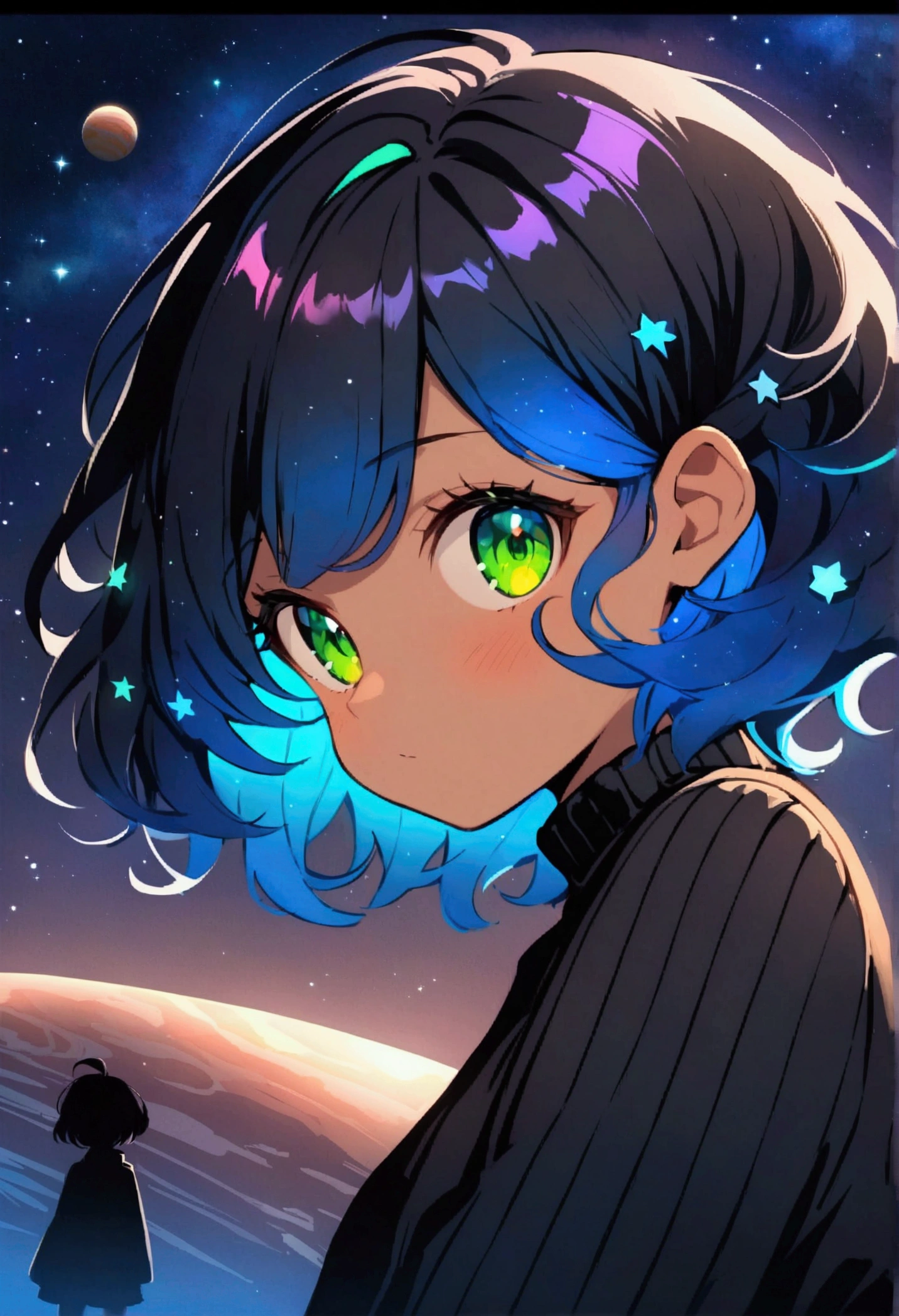 Sky, it's night, the night is full of stars, there are planets in the sky, bright colors, Incredible details, Shiny hair, spectacular hair, Cute, small, short hair, galaxy hair, green eyes, silhouette, tanned, black sweater,