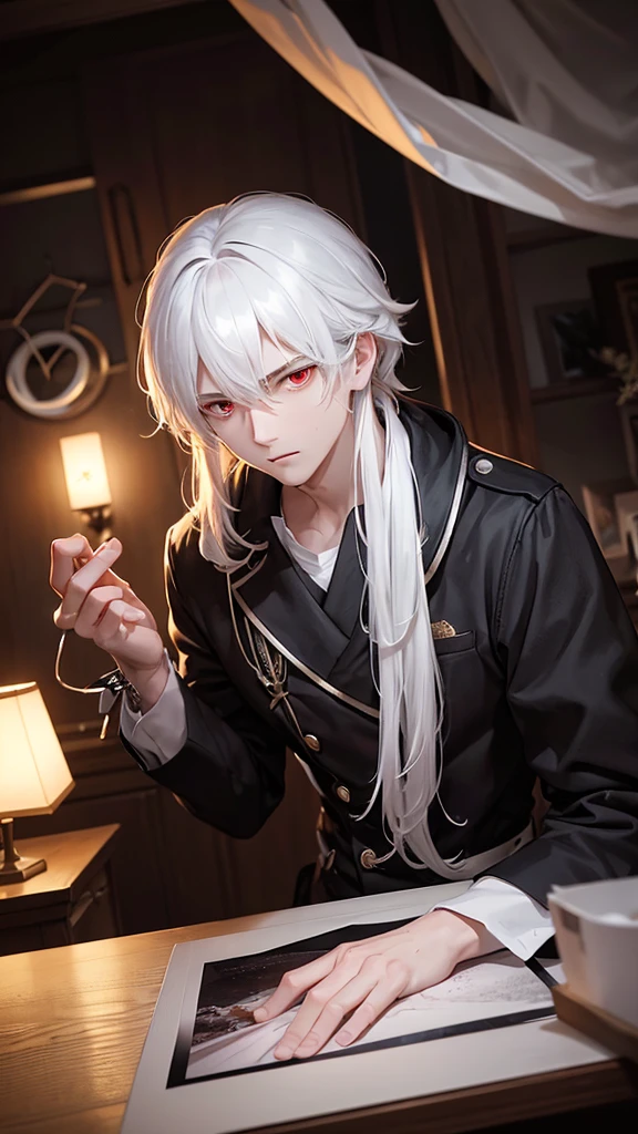 A man with pure white hair and red eyes was in a dark, dimly lit room, specifically for printing photos. He was standing in front of a long table covered with photo printing equipment such as photo paper, tray containing chemical liquid, and some clamp clips. The faint red light from the special lamp gave off a mysterious atmosphere in the room.

The man held a piece of photo paper with deft and attentive hands, dip it in water to remove chemical residues. His expression was calm but full of concentration, as if every detail of the picture is something very valuable. His white hair contrasting with the red light made him look like a character from a fantasy story, while his intense red eyes give a dramatic and mysterious impression. Around him, photos of his work hanging on a clothesline, showing his skills in capturing precious moments