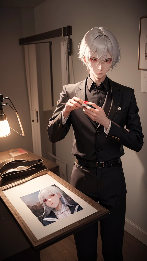 A man with pure white hair and red eyes was in a dark, dimly lit room, specifically for printing photos. He was standing in front of a long table covered with photo printing equipment such as photo paper, tray containing chemical liquid, and some clamp clips. The faint red light from the special lamp gave off a mysterious atmosphere in the room.

The man held a piece of photo paper with deft and attentive hands, dip it in water to remove chemical residues. His expression was calm but full of concentration, as if every detail of the picture is something very valuable. His white hair contrasting with the red light made him look like a character from a fantasy story, while his intense red eyes give a dramatic and mysterious impression. Around him, photos of his work hanging on a clothesline, showing his skills in capturing precious moments