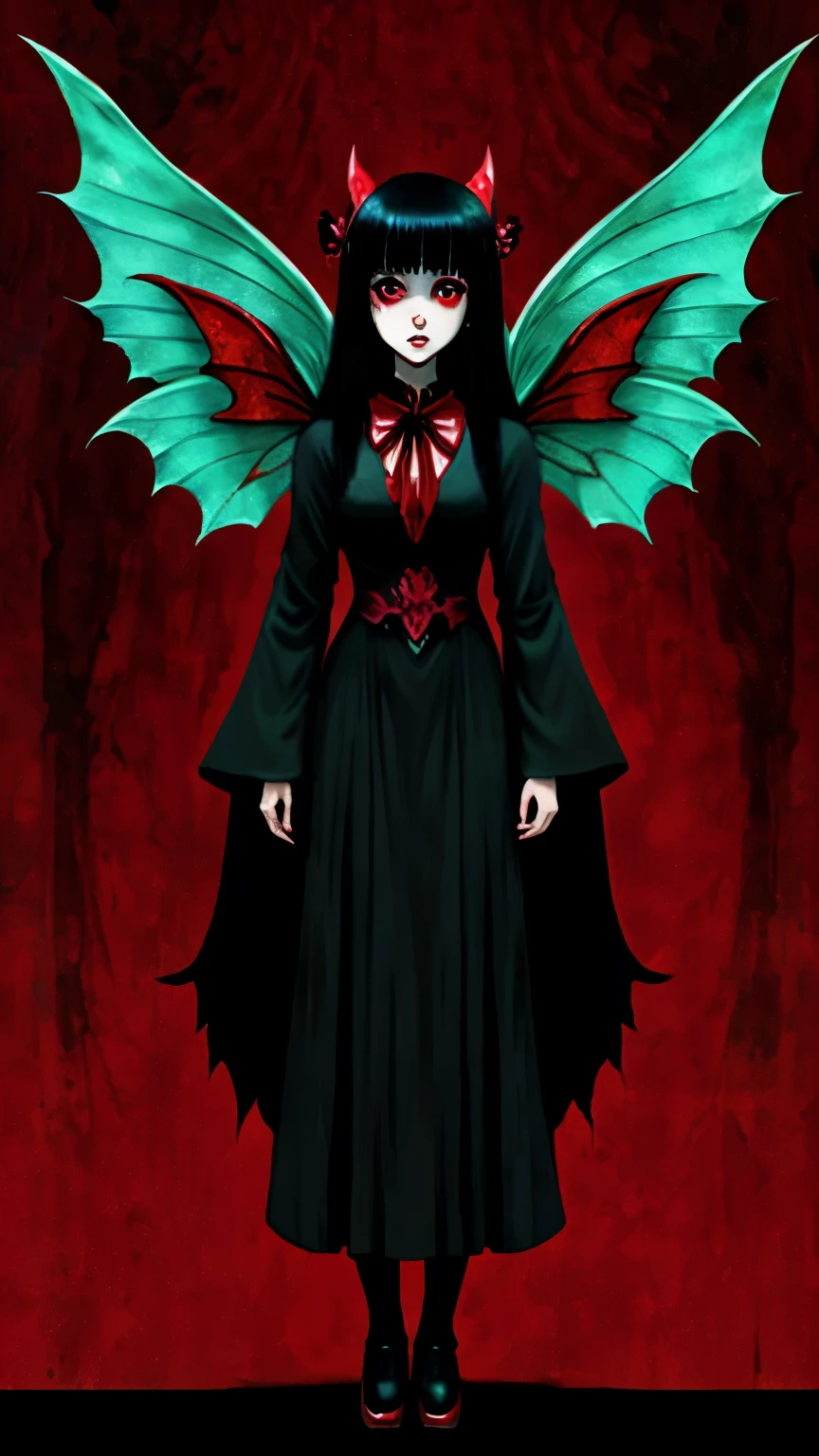 tomie from junji ito, she has wings and two faces, she is a phantom fairy, colors red and black, full body portrait, fantasy style