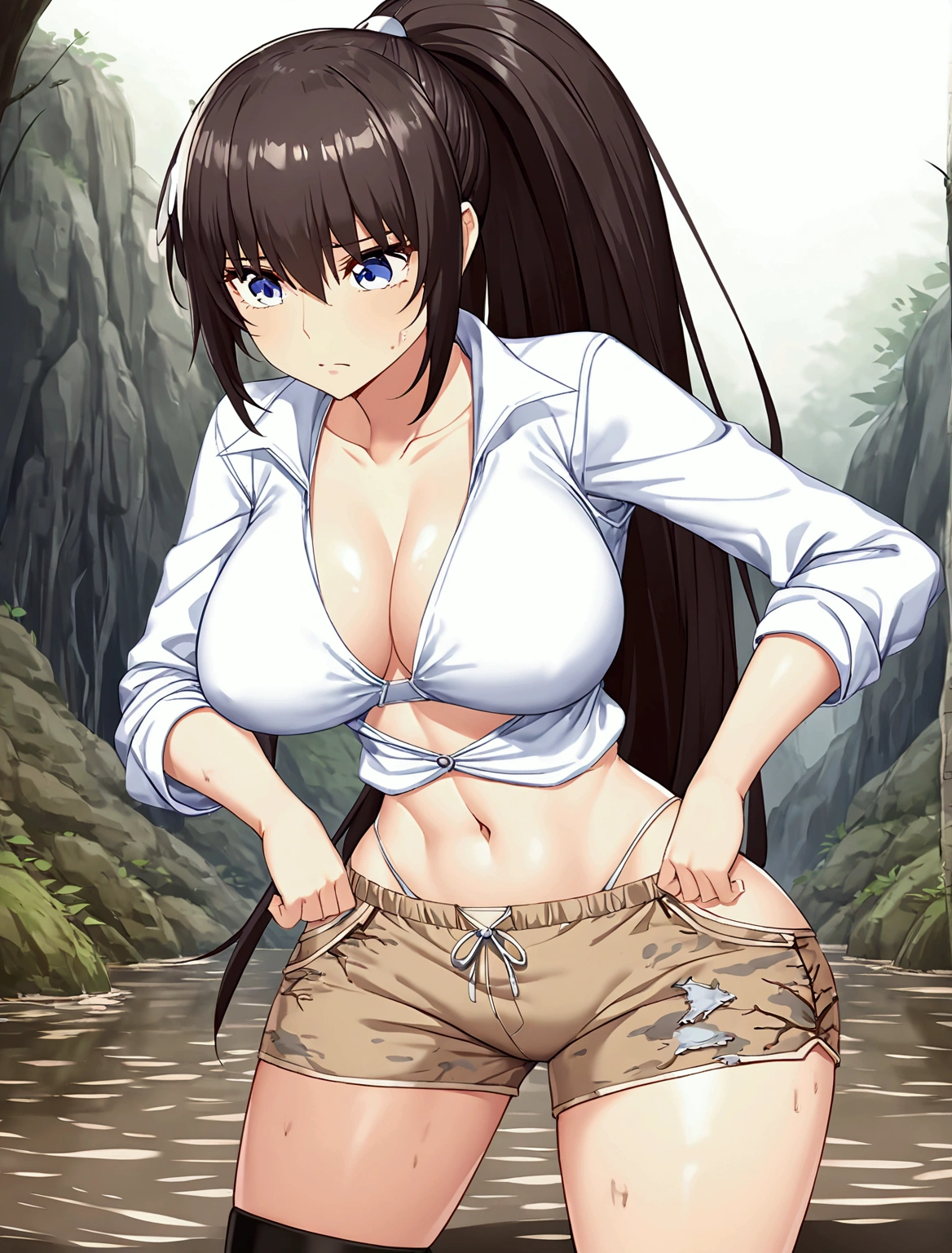 Woman drowning in a swamp,Muddy River, riverbed, cloudy, Uneasy atmosphere,Painful face,Beige shorts,ponytail,
