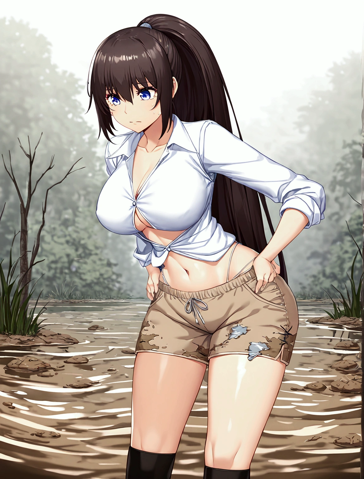 Woman drowning in a swamp,Muddy River, riverbed, cloudy, Uneasy atmosphere,Painful face,Beige shorts,ponytail,