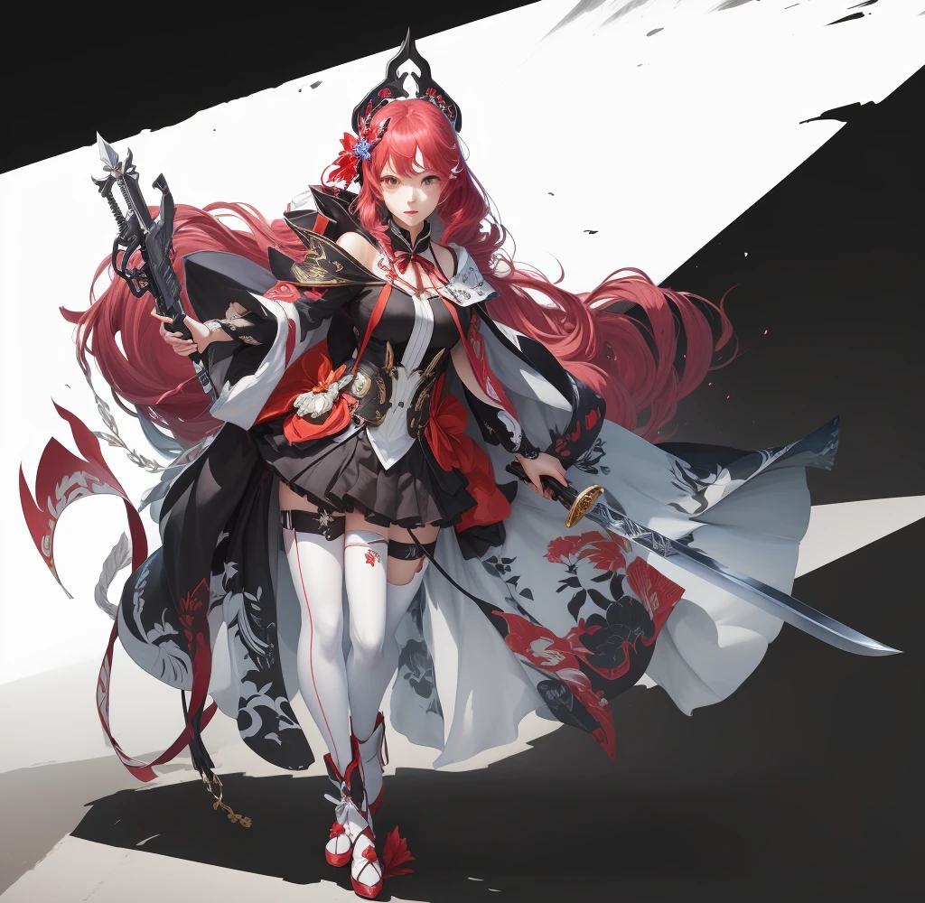 Anime girl holding a sword and a gun on a black and white background, from Ark of Tomorrow, Kushat Krenz Key Women in Art, Ark of Tomorrow, Onmyoji detailed art, From Girl Front, best anime 4k konachan wallpaper, Onmyoji, Persona 5 art style wlop, Popular on artstation pixiv, Digital Art on pixiv