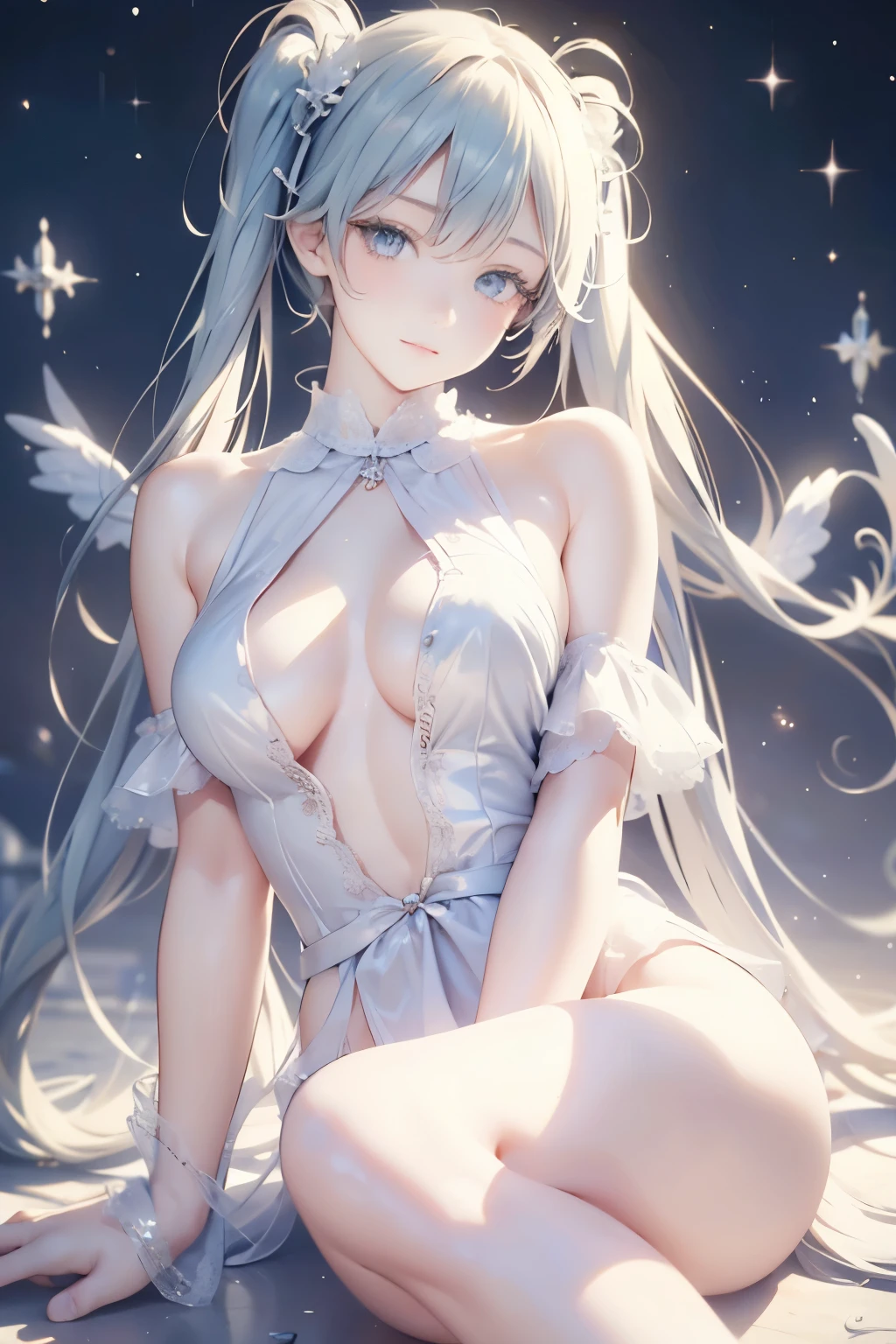 see through，Beautiful and fair、Radiant Skin, 3 Up, Gorgeous, bright, Refreshing and gentle expression, Perfect beautiful face、Beautiful shiny bangs, A very beautiful  girl, Eyeliner, Very perfect eyes，Very large breasts，Grooves reveal original skin，Muscular body，White lace underwear，Hatsune Miku