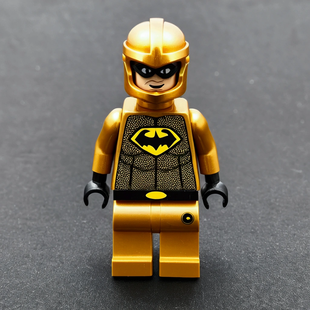 A photo of a lego as super meml, golden toy, plastic, mini