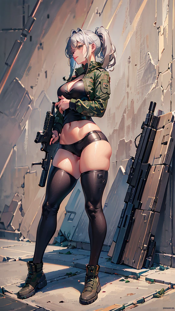 woman, mercenary expression, smoking, captain's beret, cyberpunk rifle load, western guns, camouflage pants, silver hair, long ponytail, broken muscle, dark skin, curly hair, pronounced waist, thick thighs, Amazon jungle background , high definition, RTX lighting, full body focus, profile shot, resting on a wall.