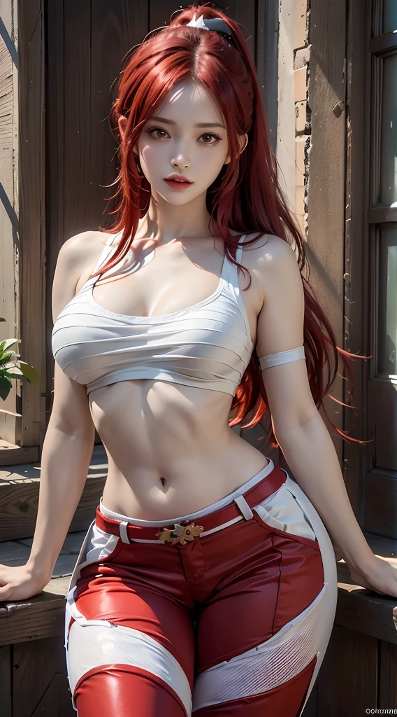 photorealistic, high resolution, 1women, mature female, solo, hips up, fairy tail, 1girl, long hair, red hair, ponytail, white ribbon, hair over one eye, brown eyes, large breasts, collarbone, chest sarashi, bandage, bare arms, midriff, red hakama, red pants