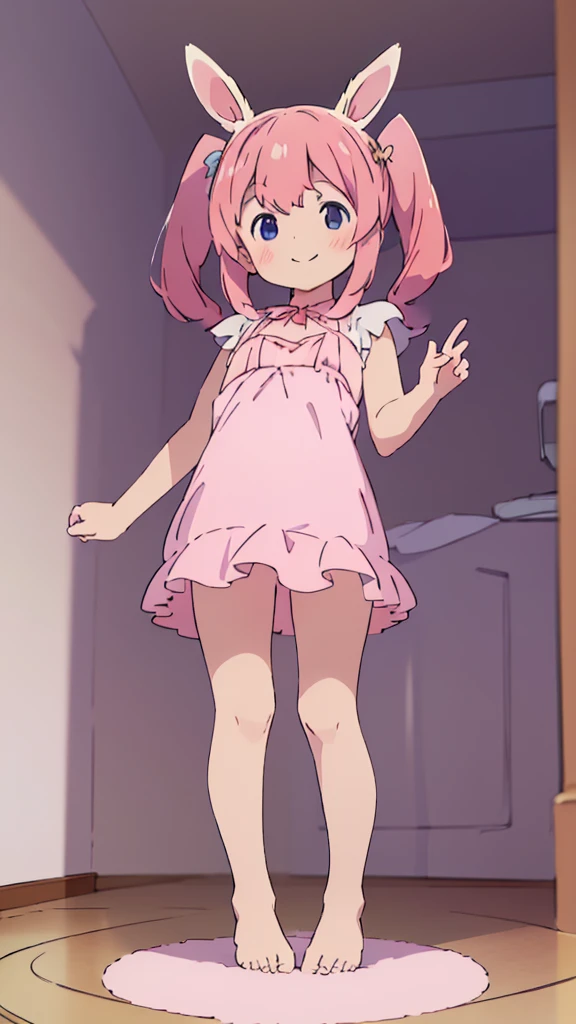 ((masterpiece))((Highest quality))Rabbit Ears、girl、smile、blush、Flat Chest、Are thin、Pink Hair、blush、Are standing、Whole body image、Even your toes are visible、Eye level on face、front、No background、Rabbit Pose、真frontのアングル、Pigtails