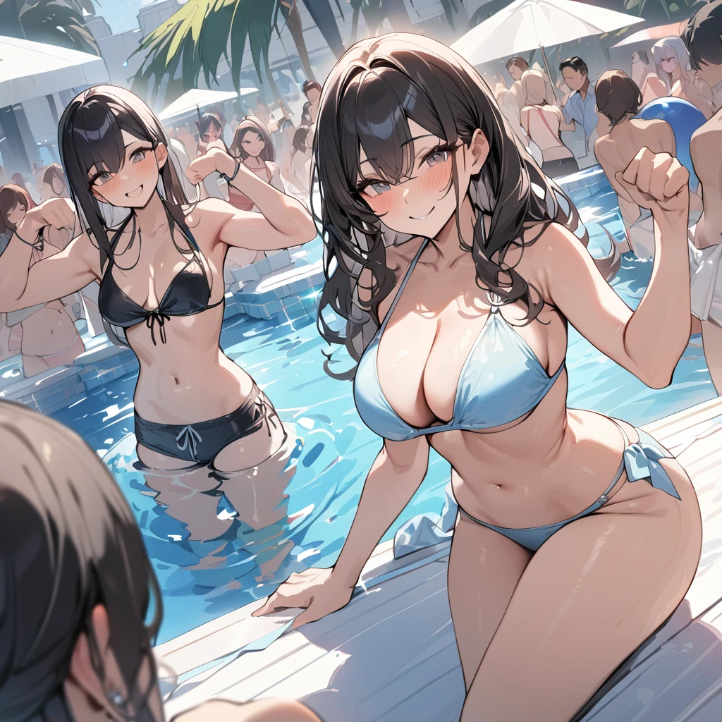 (best quality, masterpiece, highres:1.3), detailed, poolparty, bikini women, cheers pose, long hair, happy smile, swimsuit, poolside, lot of people,
