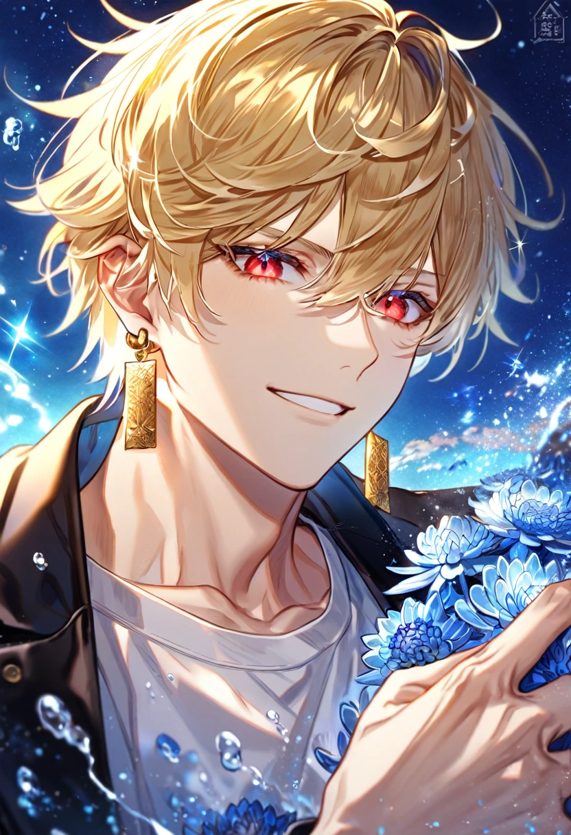 absurdres, highres, ultra detailed, HDR, master piece, best quality, extremely detailed, Gilgamesh, blonde hair, expressive red eyes, Fate Grand Order, solo, sexy man, handsome, handsome smile, golden earrings, black jacket, white T-shirt, fantasy, water, sparkling, blue glittering fireflies, blue moon, blue blossoms, blue chrysanthemums, blue sparkling lights, starry sky