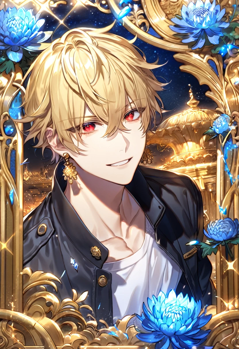 absurdres, highres, ultra detailed, HDR, master piece, best quality, extremely detailed, Gilgamesh, blonde hair, expressive red eyes, Fate Grand Order, solo, sexy man, handsome, handsome smile, golden earrings, black jacket, white T-shirt, fantasy, water, sparkling, blue glittering fireflies, blue moon, blue blossoms, blue chrysanthemums, blue sparkling lights, starry sky