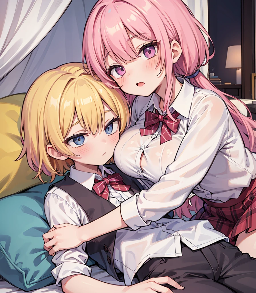 masterpiece, Highest quality, so beautiful, absurdists,High resolution,One girl, One boy,Cuddling in bed, like,sexly,Look at each one, blush,Age difference,bow tie,blondes,chest,Long Hair,Pink Hair,Tucked in shirt,short hair,skirt,Tent shirt,Slut,Big breasted sister and brother,Siblings, trousers,Pushing her big tits against her brother,(My brother's small erect penis),((((姉のvery huge breasts,Sister crushes her big tits in her brother's face)))),(((((Very huge breasts))))),(((((small penis,NSFW,Soft Very HUGE breasts))))),((Bursting Breasts,弟の顔を隠すHuge breasts)),((((((((Huge breasts,Large Breasts,とてもLarge Breasts、すごくLarge Breasts、とてつもなくLarge Breasts)))))))),Two people gazing at each other,puffy nipples