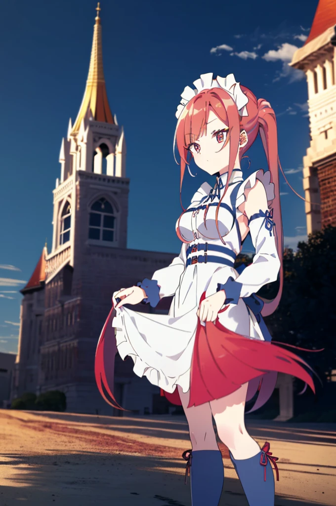 [(cathedral background:1.4)::5],original,(illustration:1.1),(best quality),(masterpiece:1.1),(extremely detailed CG unity 8k wallpaper:1.1), (colorful:0.9),(mid shot:0.95),(full body:1.5),Dynamic angle,(solo:1.2), (girl),((adult)), (detailed beautiful eyes:1.15), (beautiful face:1.15), (glowing red eyes:1.25////),((medium hair)),((split-color hair,red hair,blue hair)),(high twintails),(chignon),(+perfect hand+:1.21),(Draw an illustration of a gothic girl),(Religious),(slender),(is wearing boots on her feet),((is wearing white maid clothes)),(furious), Lace Off-shoulder lolita fashion,beautiful slender woman,high twintails,((split-color hair,red hair,blue hair)),((split-color hair,red hair,blue hair)),from side,((split-color hair,red hair,blue hair)),