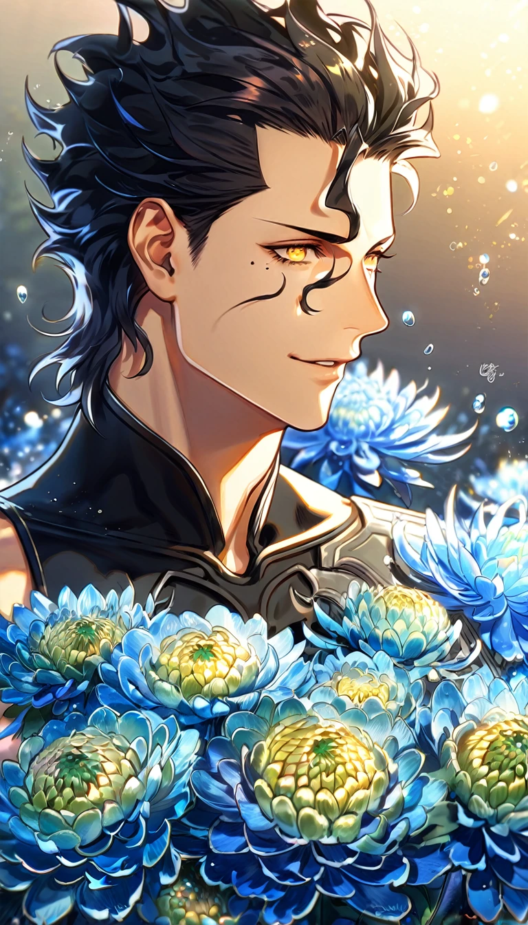 Ultra detailed, HDR, Highres, absurdres, master piece, Diarmuid Ua Duibhne, black hair, expressive yellow eyes, mole under his eye, Fate Grand Order, handsome, sexy man, solo, black tight shirt, water, fantasy, magical, blue Chrysanthemum flowers, blue petals, best quality, blue shining fireflies, blue moon, handsome smile