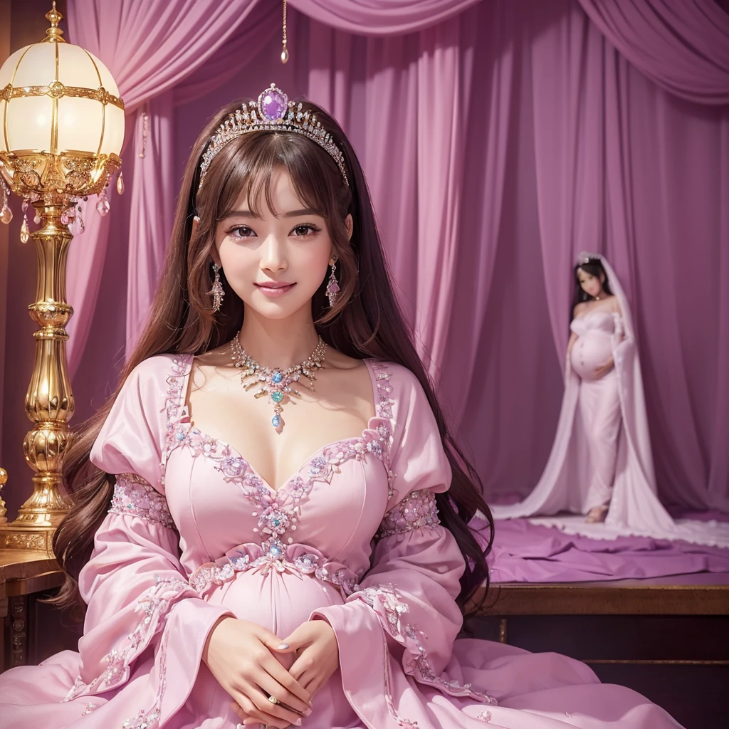 (((Highest quality, Flying debris, Ultra-high resolution、The most complex and detailed depiction、Awards, 8K、Bright and vivid)))、((1. Japanese Princess,pregnancy,Ultimate luxury with everything you can imagine,The most gorgeous purple and pink outfit,Purple and deep pink outfit,超巨大なThroneに座る,The most exquisite and luxurious luxury princess room,Shining in Complexity,Purple and deep pink glow、Beautiful brown hair、Front fixed,The best smile looking at the camera,Please laugh out loud,Smile kindly at me,Shot from close to the face)),((最もゴージャスなThrone、High-end Purple and deep pink outfit、A large amount of jewelry decoration,The world&#39;s largest giant tiara,Jewelry made with attention to detail,Detailed decoration,Glitter costumes,Shining Jewels、Huge decoration,Giant Costume,Big sleeves,Artistic decoration,Very detailed decoration,Very intricate decoration)),(Big and ample breasts,Familiar,Royal, Majestic, Queen, Queen quality,Tabletop, Intricate details,Realistic,, Front close-up, Throne, upright posture, Familiar顔,Perfect Teeth,White teeth,finely描かれた顔,Beautiful Face,Perfect Fingers,Just five fingers,High-quality RAW color photos, Professional photos, Very delicate and beautiful, Very detailed,finely)), (Huge and luxurious seats:1.2),fluffy,One person