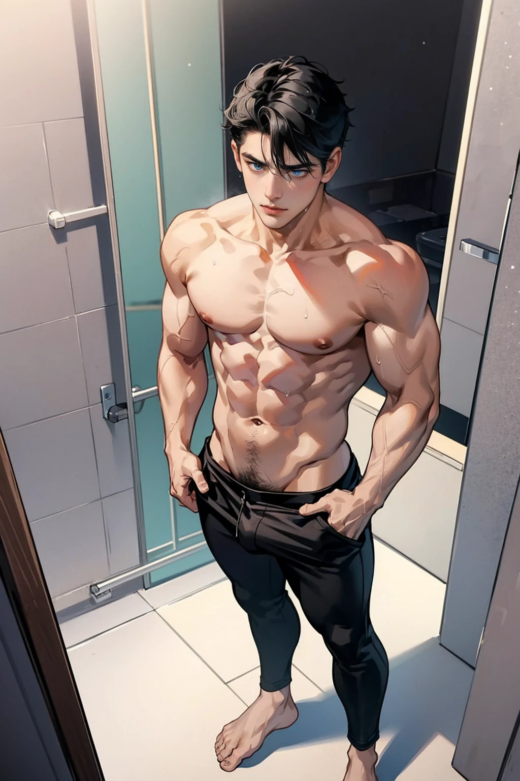 black hair boy, blue eyes, muscular, hot and sexy sweaty body, shirtless, wearing black pants, barefoot, standing in his bathroom, soggy, with an erection below 