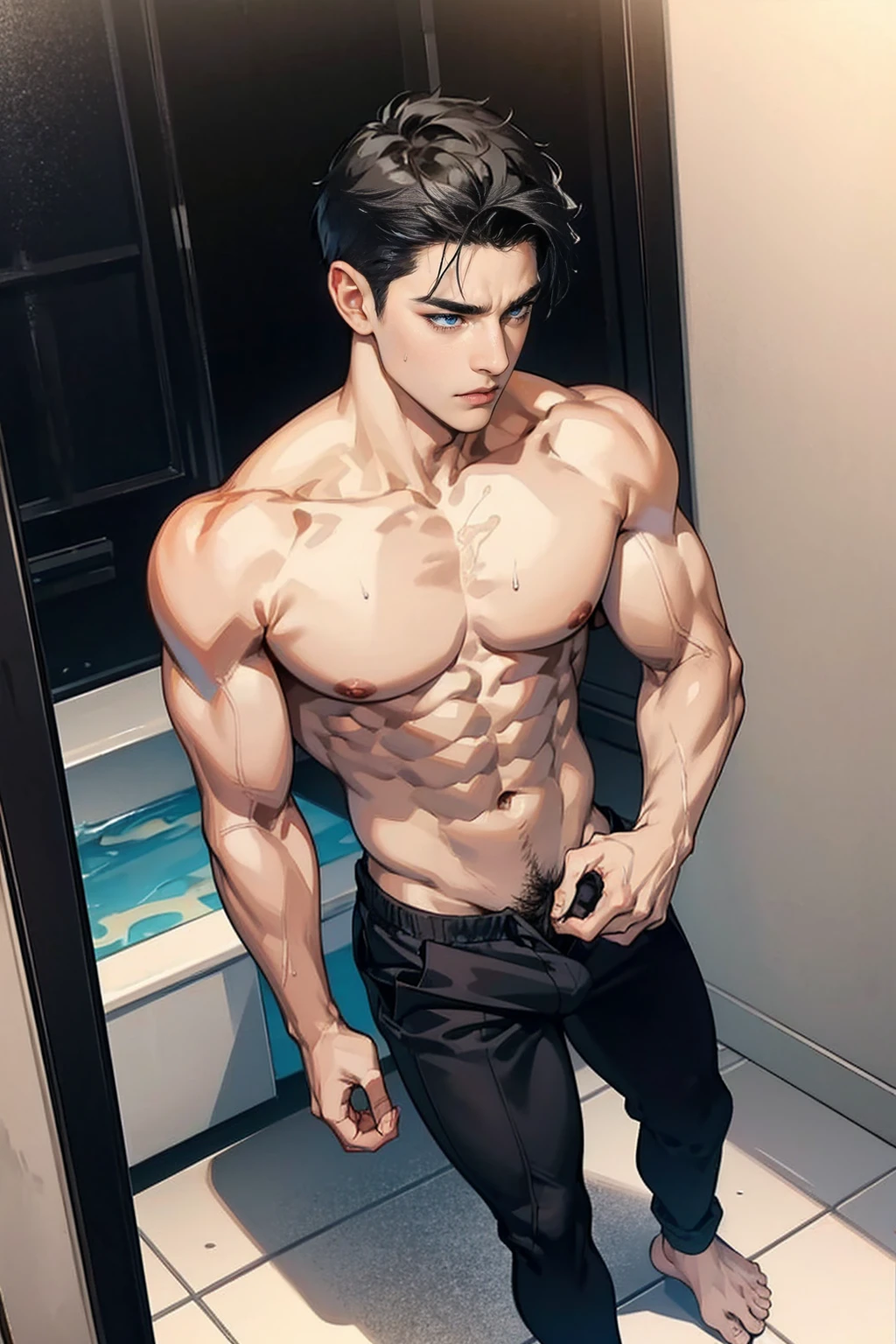 black hair boy, blue eyes, muscular, hot and sexy sweaty body, shirtless, wearing black pants, barefoot, standing in his bathroom, soggy, with an erection below 