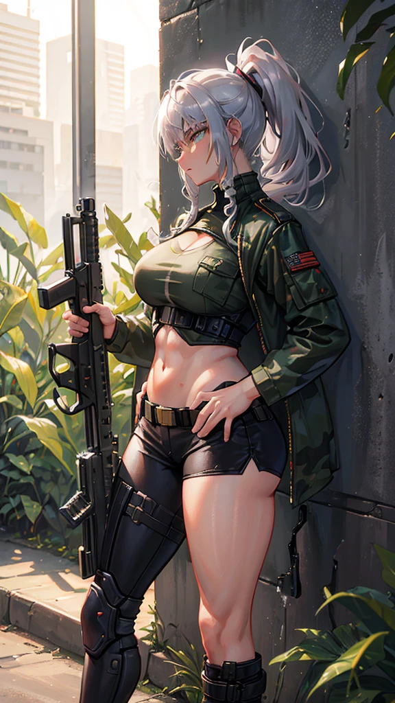 woman, mercenary expression, smoking, captain's beret, cyberpunk rifle load, western guns, camouflage pants, silver hair, long ponytail, broken muscle, dark skin, curly hair, pronounced waist, thick thighs, Amazon jungle background , high definition, RTX lighting, full body focus, profile shot, resting on a wall.