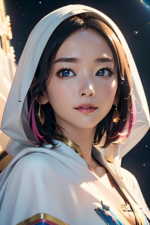 (masterpiece、Highest quality、Highest quality、Official Art、Beautiful and aesthetic:1.2)、(One Girl)、Very detailed、(Fractal Art:1.3)、colorful、Highest detail、Perfect Face、Upper body、High resolution、(prayer:1.3)、(White cloak Golden Line:1.2)、Intergalactic、(Streaks of Light)、Impressive visuals、(Dynamic stripes、Bright orbit:1.2)、Bright colors、Pink Hair　frontage