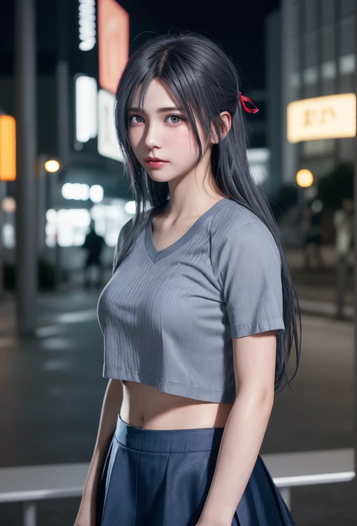 (8K, RAW Photos, Tabletop:1.3), (Realistic, Photorealistic:1.37), (night), (View your viewers:1.331), (Gray Hair), Pause, Tokyo Street, nightの街並み, Cyberpunk City, Soft Light, One Girl, Very beautiful face, bust, Put your hands down, Random hairstyle, Sad expression, Big eyes, Lower abdomen, (Grey short sleeves .Hmph_shirt), Hmph_style, (Dark Blue AJC_skirt), Mix 4., Highest quality、My hair is soaked from the rain、Sad face、Red ribbon
