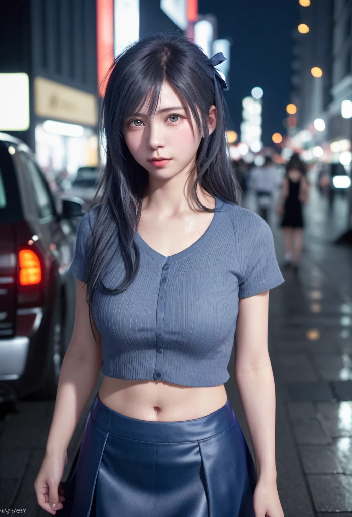 (8K, RAW Photos, Tabletop:1.3), (Realistic, Photorealistic:1.37), (night), (View your viewers:1.331), (Gray Hair), Pause, Tokyo Street, nightの街並み, Cyberpunk City, Soft Light, One Girl, Very beautiful face, bust, Put your hands down, Random hairstyle, Sad expression, Big eyes, Lower abdomen, (Grey short sleeves .Hmph_shirt), Hmph_style, (Dark Blue AJC_skirt), Mix 4., Highest quality、My hair is soaked from the rain、Sad face、Red ribbon
