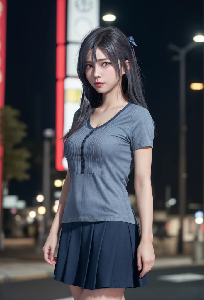 (8K, RAW Photos, Tabletop:1.3), (Realistic, Photorealistic:1.37), (night), (View your viewers:1.331), (Gray Hair), Pause, Tokyo Street, nightの街並み, Cyberpunk City, Soft Light, One Girl, Very beautiful face, bust, Put your hands down, Random hairstyle, Sad expression, Big eyes, Lower abdomen, (Grey short sleeves .Hmph_shirt), Hmph_style, (Dark Blue AJC_skirt), Mix 4., Highest quality、My hair is soaked from the rain、Sad face、Red ribbon
