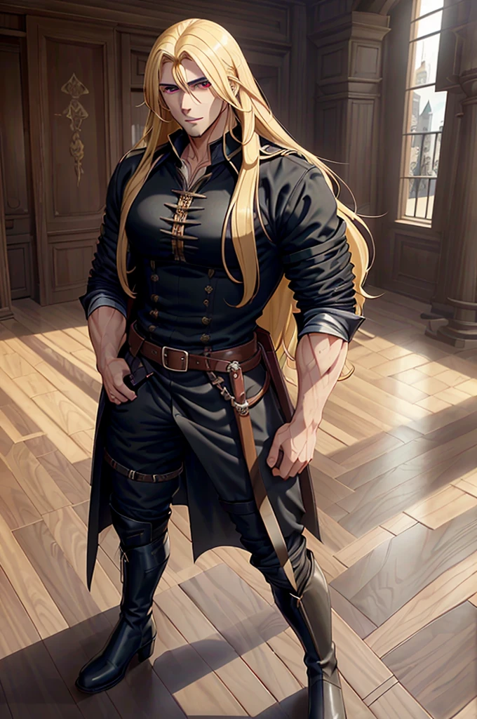 21:12:26 A handsome Galician boy with red eyes, long hair, full body view, wearing a black shirt, medieval clothes and leather boots, sword, blonde hair, yellow hair