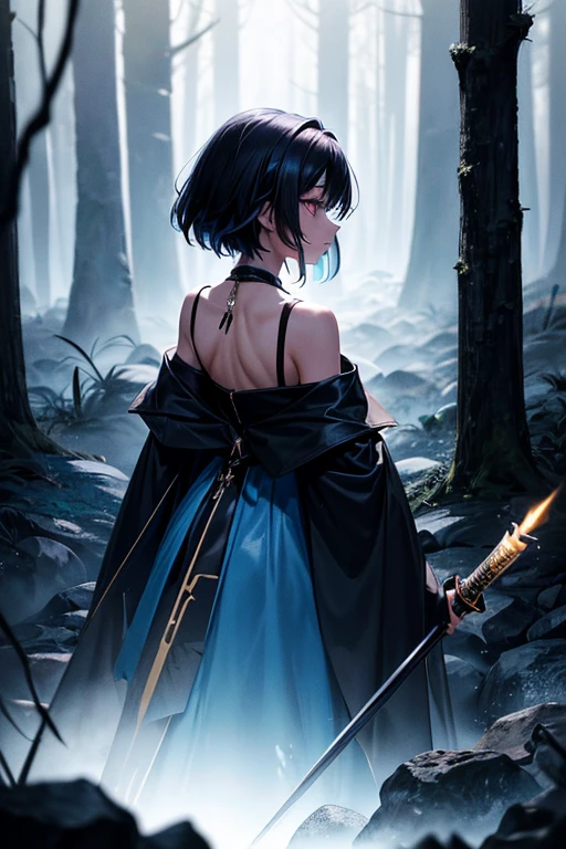 shadow covered girl, covered in shadows, lack shadows in background Anime girls, carrying katana, anime, short black hair with neon blue highlights, hair is above shoulder height, smooth beautiful, 4k, anime art, pendant on hair, cross t necklace, vivid blue dress, battle armor golden armor, little clothing (( Deep in the forest there are stone angels all black and dark, anime dark styler,girl walking forward, camera on the back girl, view from the back, dark colors for the environment, gloomy environment))In this image, we see a girl walking boldly in a dark forest at night. The camera is positioned behind her, highlighting her solitary figure in contrast to the dark surroundings. Her long, loose hair flows in the wind, while her dress and cape add a sense of mystery and vulnerability. Holding a torch, revealing a determined but also vulnerable expression. The image quality is sharp, capturing every detail of the scene and conveying a palpable sense of tension and emotion.(she was carrying a torch in her hand)