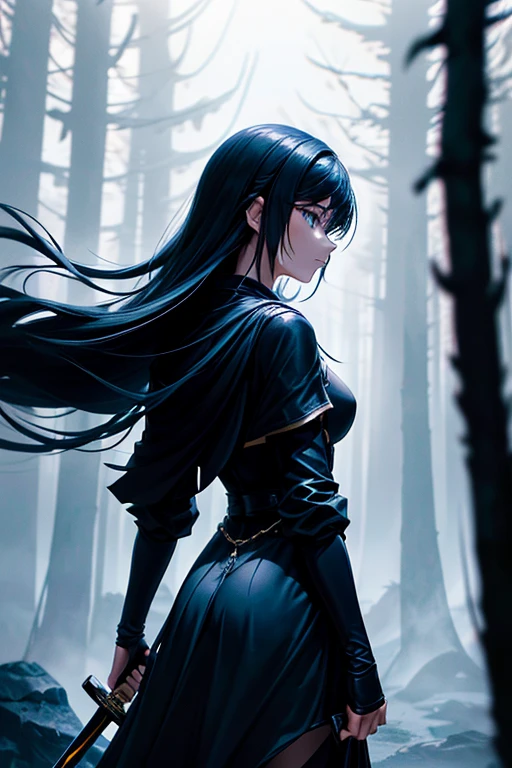 shadow covered girl, covered in shadows, lack shadows in background Anime girls, carrying katana, anime, short black hair with neon blue highlights, hair is above shoulder height, smooth beautiful, 4k, anime art, pendant on hair, cross t necklace, vivid blue dress, battle armor golden armor, little clothing (( Deep in the forest there are stone angels all black and dark, anime dark styler,girl walking forward, camera on the back girl, view from the back, dark colors for the environment, gloomy environment))In this image, we see a girl walking boldly in a dark forest at night. The camera is positioned behind her, highlighting her solitary figure in contrast to the dark surroundings. Her long, loose hair flows in the wind, while her dress and cape add a sense of mystery and vulnerability. Holding a torch, revealing a determined but also vulnerable expression. The image quality is sharp, capturing every detail of the scene and conveying a palpable sense of tension and emotion.(she was carrying a torch in her hand)