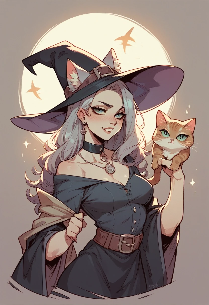 Cartoon drawing of a cat with a witch&#39;s hat,with a haunted moon in the background