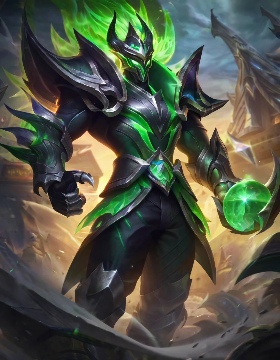 steel dragon thresh skin, best aesthetic, lolsplashart, solo, 1boy, holding, green eyes, weapon, male focus, outdoors, horns, pants, holding weapon, armor, glowing, colored skin, helmet, shoulder armor, gem, glowing eyes, claws, paper