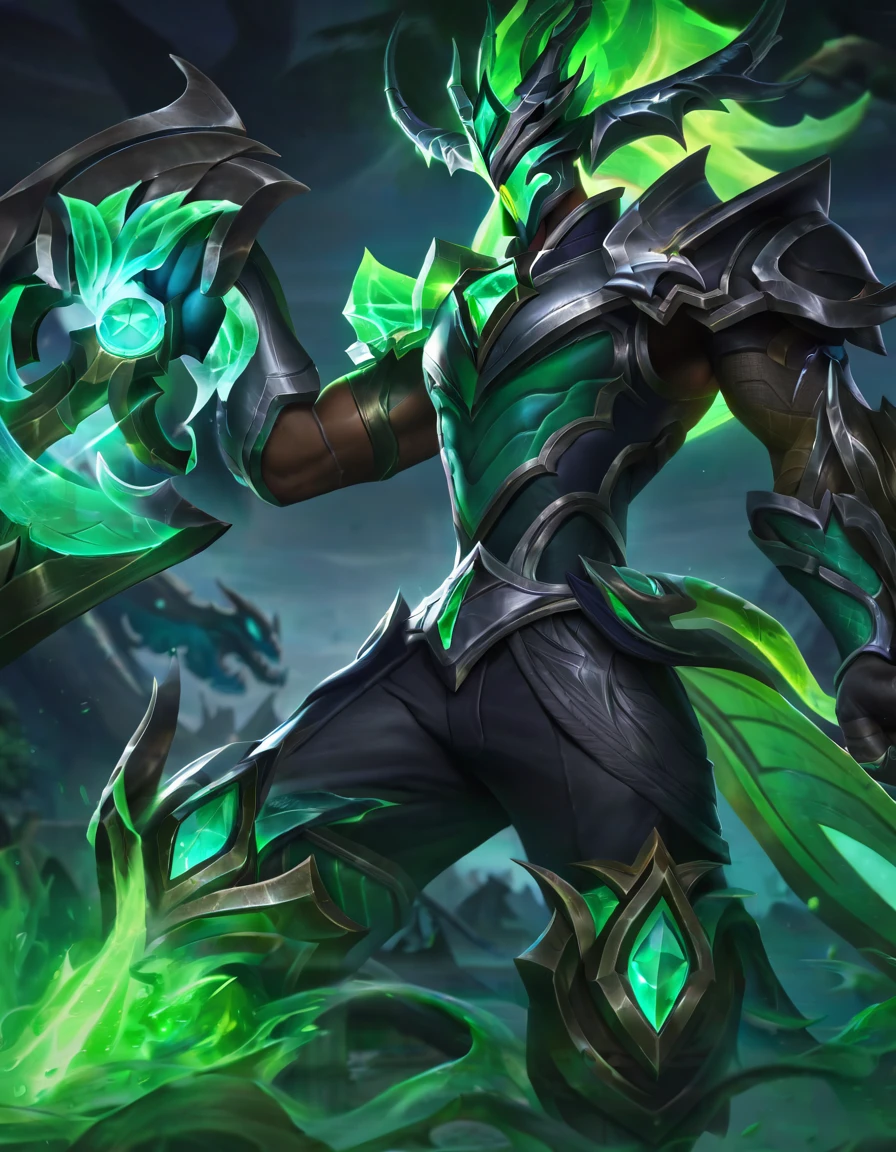 steel dragon thresh skin, best aesthetic, lolsplashart, solo, 1boy, holding, green eyes, weapon, male focus, outdoors, horns, pants, holding weapon, armor, glowing, colored skin, helmet, shoulder armor, gem, glowing eyes, claws, paper