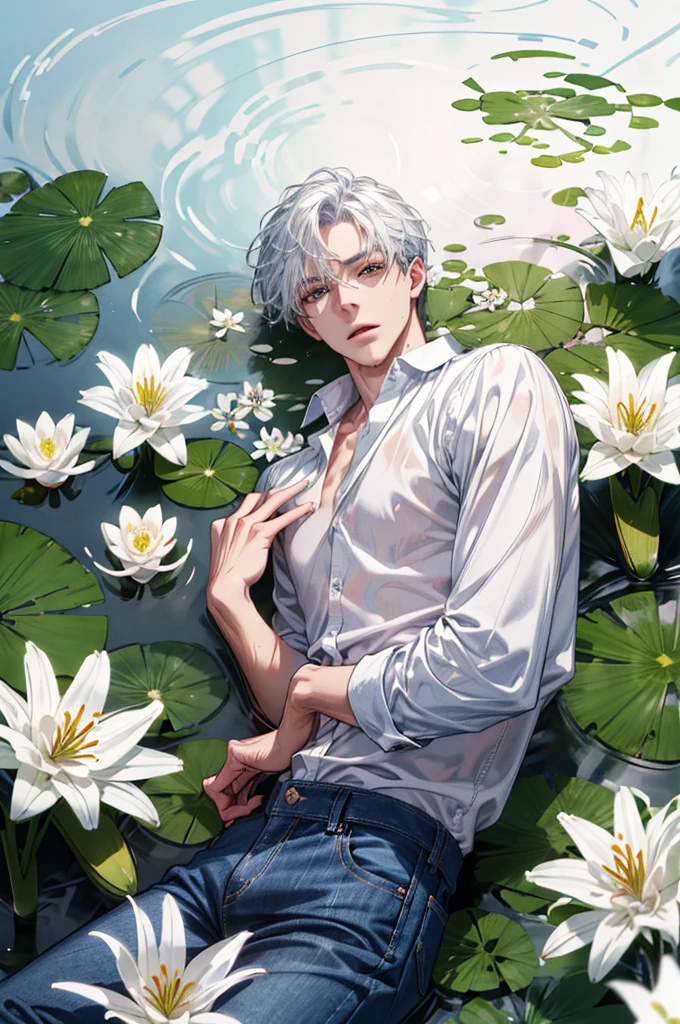(absurdres, highres, ultra detailed), 1 male, handsome, tall muscular guy, mature, (The pond is filled with  white lily flowers), A man lying on back comfortably in it, from directly above, (white shirt, jeans), wet, colorful, artistic, depth of field, focus on his calm facial features