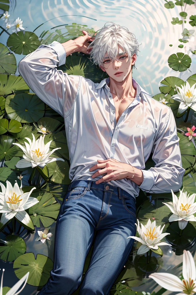 1boy, adult, handsome, perfect face, detailed eyes and face, clean shaved, muscular, capturing a rural atmosphere, dynamic lighting, unreal engine 5, hd picture, satoru gojo, white hair, short hair ,hair between eyes ,blue eyes, white skin
