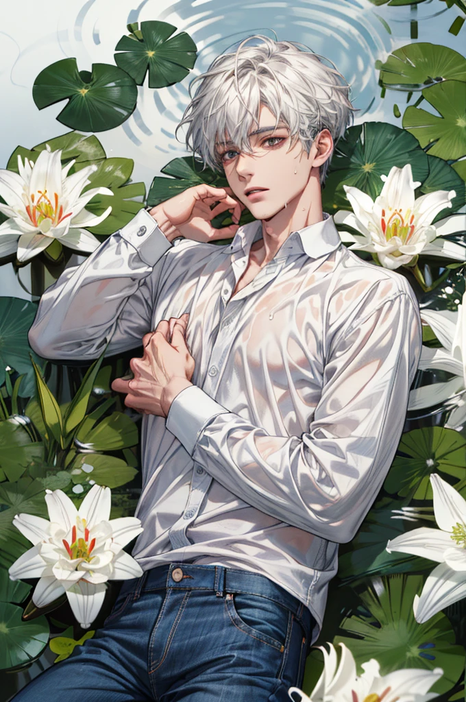(absurdres, highres, ultra detailed), 1 male, handsome, tall muscular guy, mature, (The pond is filled with white lily flowers), A man lying on back comfortably in it, from directly above, (white shirt, jeans), wet, colorful, artistic, depth of field, focus on his calm facial features
