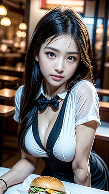 、sunlight、(8K, RAW Photos, 最high quality, masterpiece: 1.2), (Realistic, photoRealistic: 1.37), 1 A woman in a waitress uniform standing on the sidewalk, ,Age 25、 Professional Lighting, 10 head and body,Photon Mapping, , Ukrainian women, Torn, 、, Incredibly beautiful face、Small face、Playmate proportions、Delivery staff、、,At a fast food restaurant，Carrying tableware、 masterpiece, 最high quality, high quality, High resolution, big , (Face close-up),working at a restaurant、Hair is tied、Updo、Please tie your hair tightly、Slicked back hair、The ultimate revealing outfit、Uncontrollable orgasm、、、 search of pleasure、Ahan、