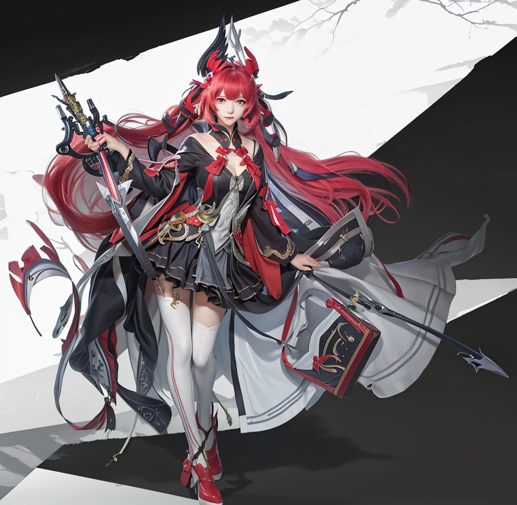 Anime girl holding a sword and a gun on a black and white background, from Ark of Tomorrow, Kushat Krenz Key Women in Art, Ark of Tomorrow, Onmyoji detailed art, From Girl Front, best anime 4k konachan wallpaper, Onmyoji, Persona 5 art style wlop, Popular on artstation pixiv, Digital Art on pixiv