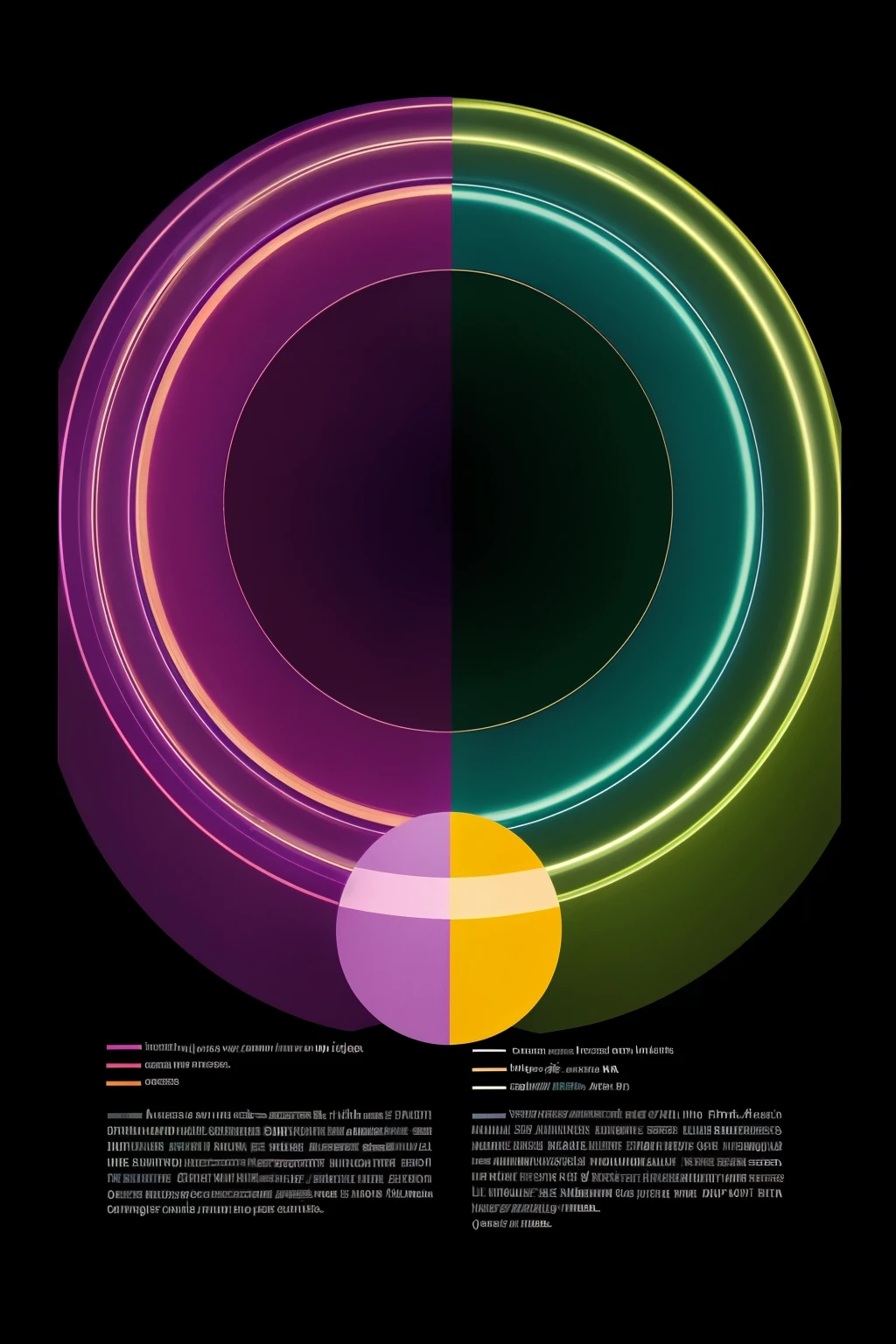 Create a composition divided into two parts. In the half that represents light/som/giorno, use large and medium circles in light colors (yellow and orange) and small circles in dark colors (cerulean, purple and green). In the half that represents darkness/silence/natta, use large and medium circles in dark colors (cerulean, purple and green) and small circles in light colors (yellow and orange). This will create a visual contrast reflecting the duality present in the song. "Certain things".






